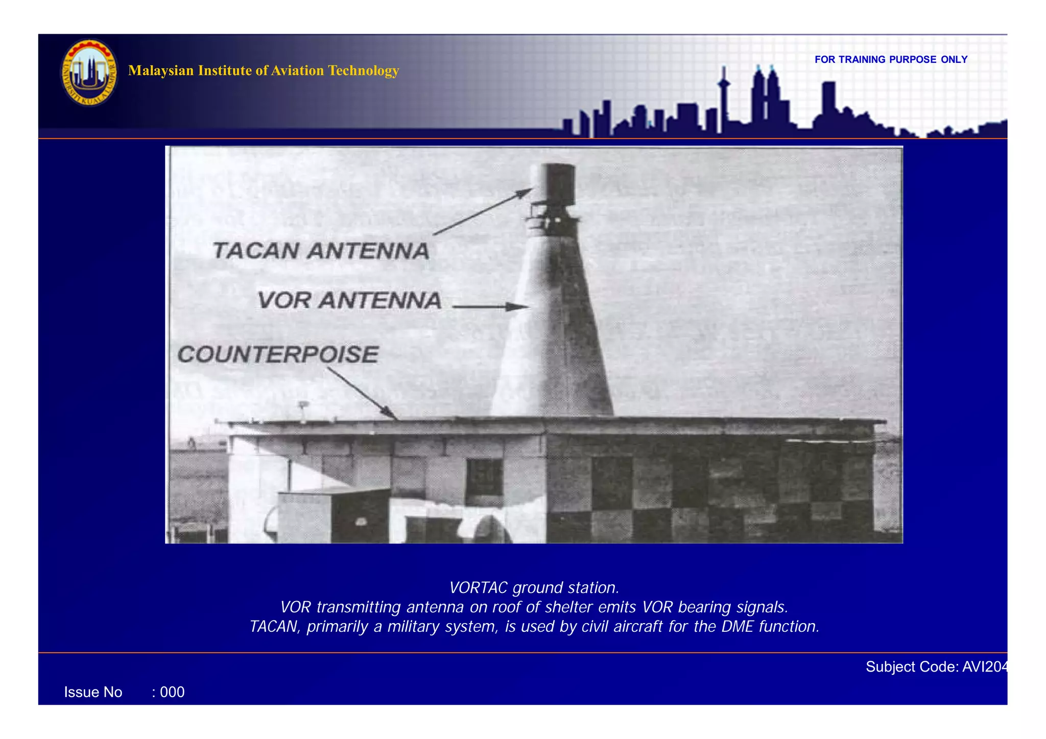 FOR TRAINING PURPOSE ONLY
Subject Code: AVI2041
Malaysian Institute of Aviation Technology
Issue No : 000
VORTAC ground station.
VOR transmitting antenna on roof of shelter emits VOR bearing signals.
TACAN, primarily a military system, is used by civil aircraft for the DME function.
 