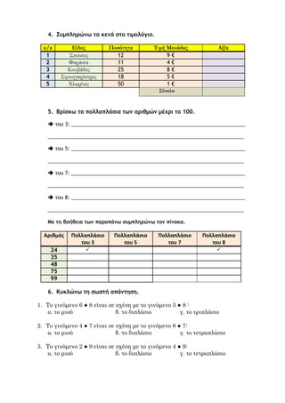 1. Υπολογίζω τα γινόμενα.
● 44 Χ 10 = ________ 57 Χ 10 = ________ 35 Χ 10 = _______
● 34 Χ 100 = ________ 27 Χ 100 = ________ 42 Χ 10 = _______
● 39 Χ 100 = ________ 15 Χ 1.000 = ________ 67 Χ 100 =_______
2. Υπολογίζω τα γινόμενα όπως στο παράδειγμα.
3. Υπολογίζω τα γινόμενα όπως στο παράδειγμα.
 54 ● 9 = (50 + 4) ● 9 = (50 ● 9) + (4 ● 9) = 450 + 36 = 486
 68 ● 7 = ……………………………………………………………………………………………………….
 36 ● 8 = ……………………………………………………………………………………………………….
 91 ● 6 = ……………………………………………………………………………………………………….
 88 ● 5 = ……………………………………………………………………………………………………….
23 ● 40
23 ● 4 ● 10
92 ● 10
920
38 ● 70 46 ● 90
24● 300 53 ● 600 87 ● 500
 