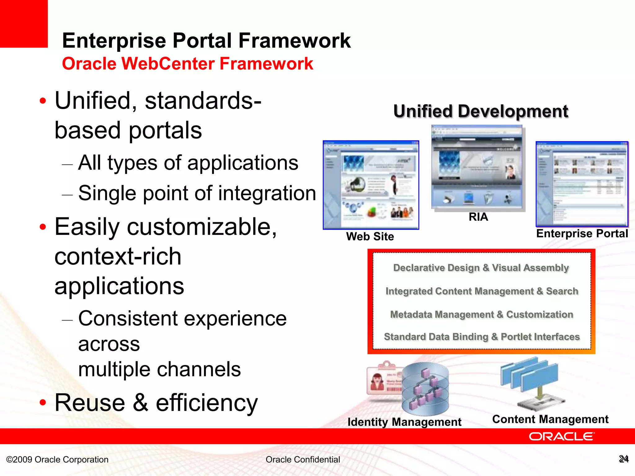 Enterprise Portal Framework
            Oracle WebCenter Framework

       • Unified, standards-                                     Unified Development
         based portals
             – All types of applications
             – Single point of integration
                                                                                  RIA
       • Easily customizable,                             Web Site                              Enterprise Portal

         context-rich                                            Declarative Design & Visual Assembly

         applications                                           Integrated Content Management & Search


             – Consistent experience                             Metadata Management & Customization

                                                                Standard Data Binding & Portlet Interfaces
               across
               multiple channels
       • Reuse & efficiency                                                             Content Management
                                                          Identity Management


©2009 Oracle Corporation            Oracle Confidential                                                        24
 