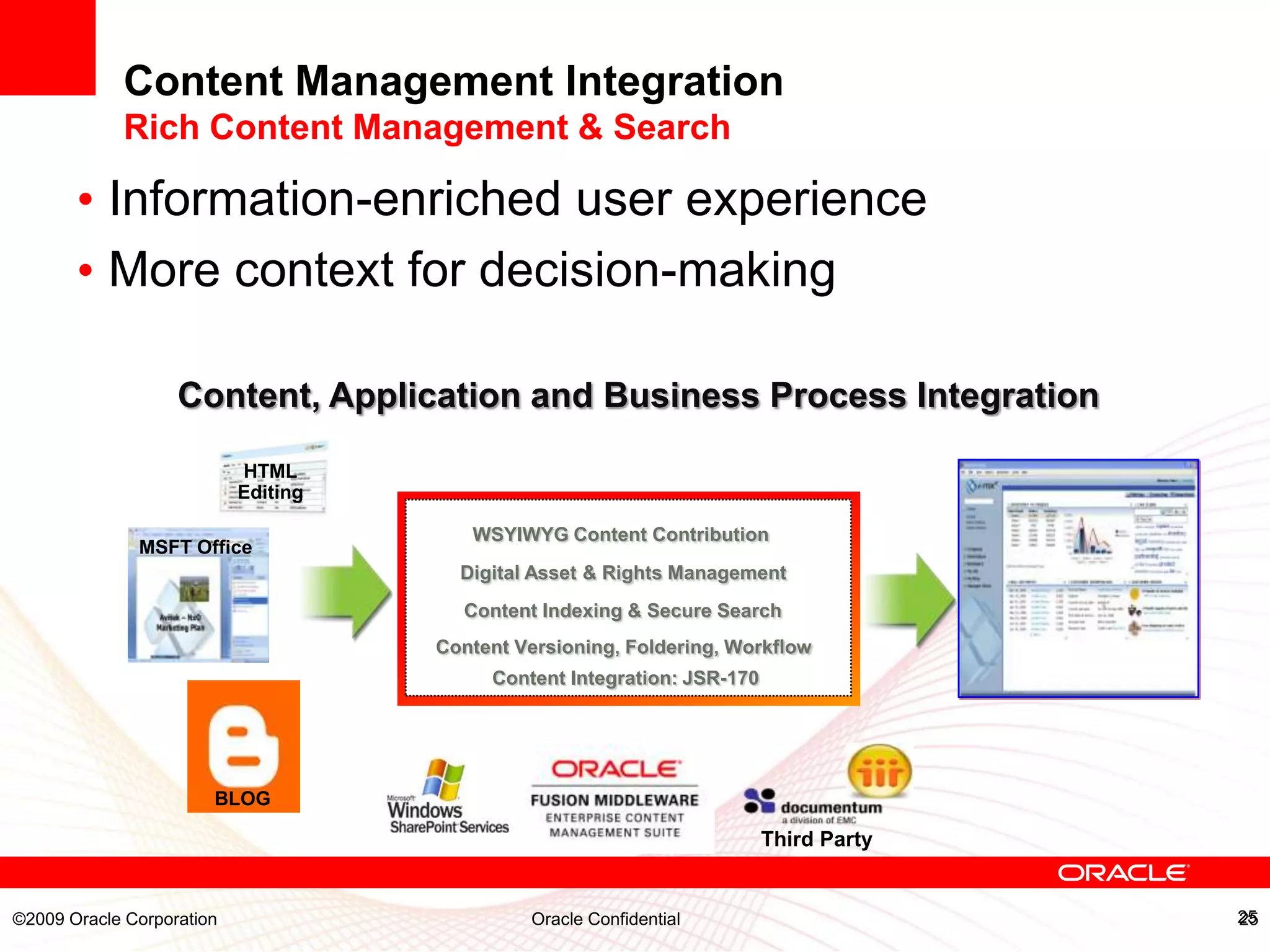 Content Management Integration
            Rich Content Management & Search

       • Information-enriched user experience
       • More context for decision-making

                   Content, Application and Business Process Integration

                           HTML
                           Editing

                                        WSYIWYG Content Contribution
              MSFT Office
                                       Digital Asset & Rights Management
                                       Content Indexing & Secure Search
                                     Content Versioning, Foldering, Workflow
                                          Content Integration: JSR-170




                       BLOG

                                                                         Third Party


©2009 Oracle Corporation                      Oracle Confidential                      25
 