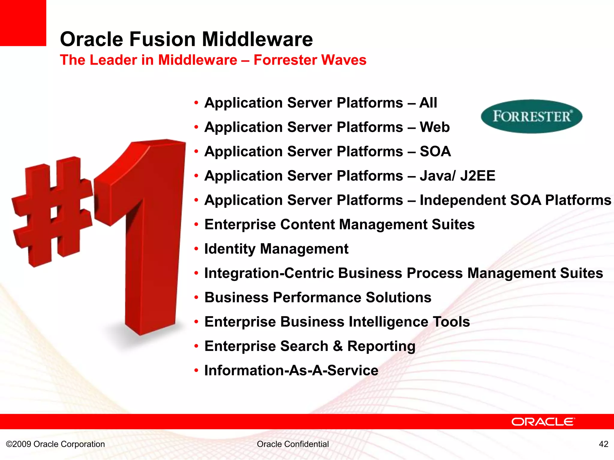 Oracle Fusion Middleware
            The Leader in Middleware – Forrester Waves

                              • Application Server Platforms – All
                              • Application Server Platforms – Web
                              • Application Server Platforms – SOA
                              • Application Server Platforms – Java/ J2EE
                              • Application Server Platforms – Independent SOA Platforms
                              • Enterprise Content Management Suites
                              • Identity Management
                              • Integration-Centric Business Process Management Suites
                              • Business Performance Solutions
                              • Enterprise Business Intelligence Tools
                              • Enterprise Search & Reporting
                              • Information-As-A-Service



©2009 Oracle Corporation               Oracle Confidential                            42
 