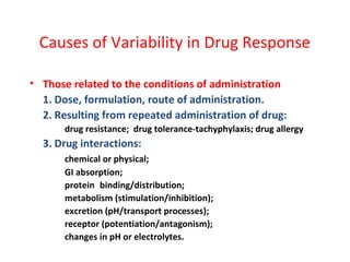 Causes of Variability in Drug Response

• Those related to the conditions of administration
  1. Dose, formulation, route of administration.
  2. Resulting from repeated administration of drug:
       drug resistance; drug tolerance-tachyphylaxis; drug allergy
  3. Drug interactions:
       chemical or physical;
       GI absorption;
       protein binding/distribution;
       metabolism (stimulation/inhibition);
       excretion (pH/transport processes);
       receptor (potentiation/antagonism);
       changes in pH or electrolytes.
 