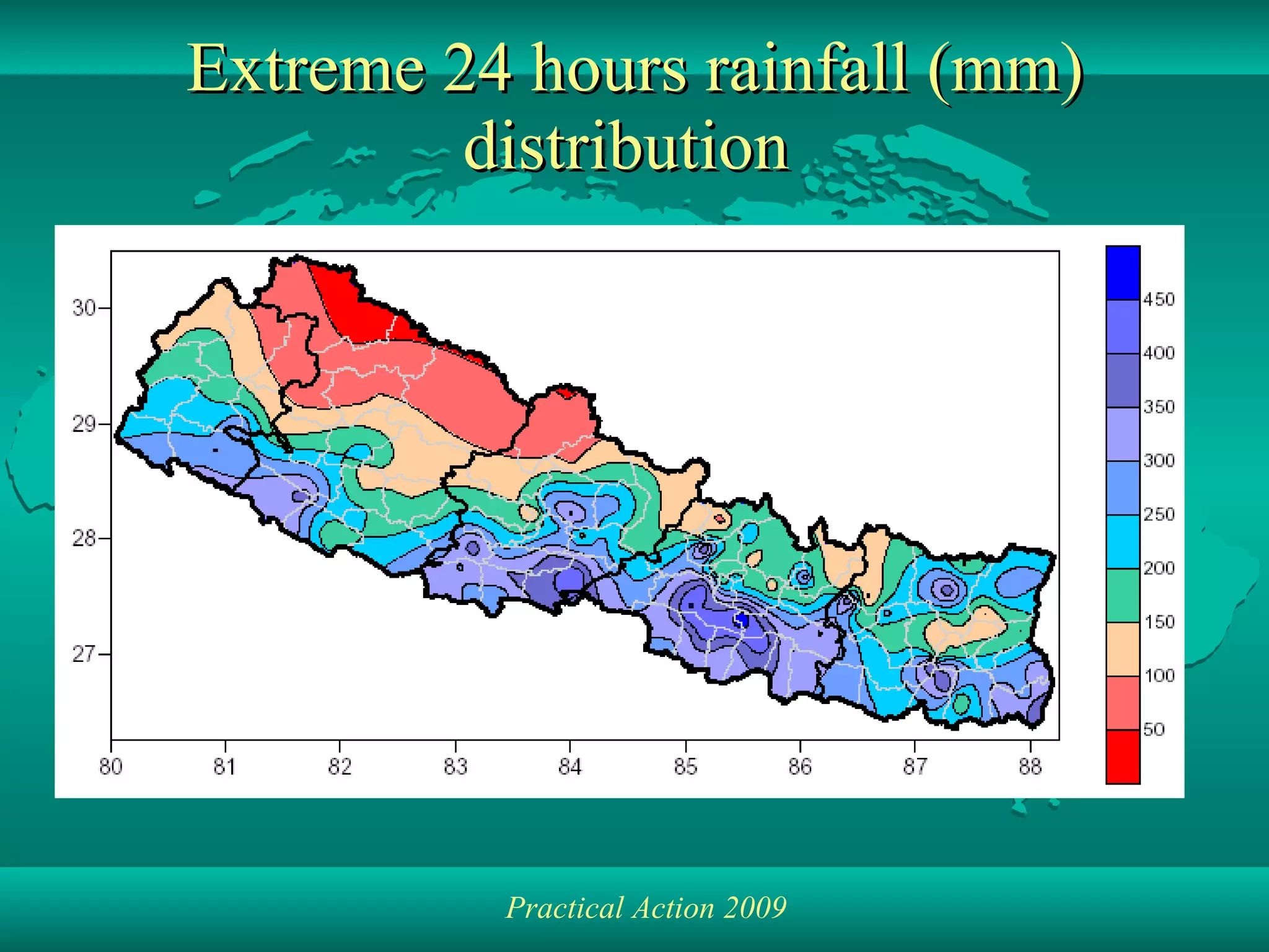 Extreme 24 hours rainfall (mm) distribution   Practical Action 2009 