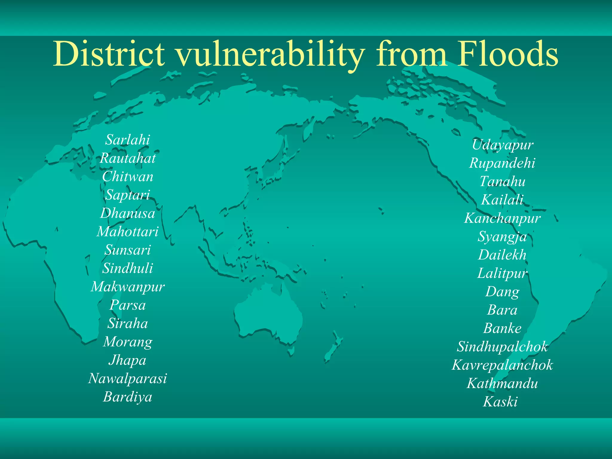 Sarlahi Rautahat Chitwan Saptari Dhanusa Mahottari Sunsari Sindhuli Makwanpur Parsa Siraha Morang Jhapa Nawalparasi Bardiya Udayapur Rupandehi Tanahu Kailali Kanchanpur Syangja Dailekh Lalitpur Dang Bara Banke Sindhupalchok Kavrepalanchok Kathmandu Kaski   District vulnerability from Floods District vulnerability from Floods 
