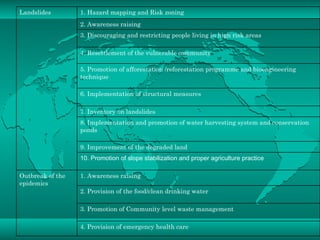 4. Provision of emergency health care 3. Promotion of Community level waste management 2. Provision of the food/clean drinking water  1. Awareness raising  Outbreak of the epidemics 10. Promotion of slope stabilization and proper agriculture practice 9. Improvement of the degraded land 8. Implementation and promotion of water harvesting system and conservation ponds 7. Inventory on landslides 6. Implementation of structural measures 5. Promotion of afforestation /reforestation programme and bioengineering technique 4. Resettlement of the vulnerable community 3. Discouraging and restricting people living in high risk areas 2. Awareness raising 1. Hazard mapping and Risk zoning Landslides 