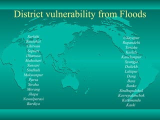 Sarlahi Rautahat Chitwan Saptari Dhanusa Mahottari Sunsari Sindhuli Makwanpur Parsa Siraha Morang Jhapa Nawalparasi Bardiya Udayapur Rupandehi Tanahu Kailali Kanchanpur Syangja Dailekh Lalitpur Dang Bara Banke Sindhupalchok Kavrepalanchok Kathmandu Kaski   District vulnerability from Floods District vulnerability from Floods 