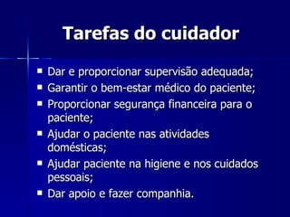 Tarefas do cuidador   Dar e proporcionar supervisão adequada; Garantir o bem-estar médico do paciente;  Proporcionar segurança financeira para o paciente;  Ajudar o paciente nas atividades domésticas; Ajudar paciente na higiene e nos cuidados pessoais; Dar apoio e fazer companhia. 