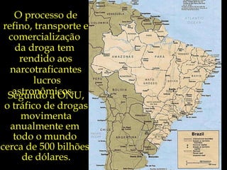 O processo de refino, transporte e comercialização  da droga tem  rendido aos narcotraficantes lucros astronômicos.  Segundo a ONU, o tráfico de drogas movimenta anualmente em  todo o mundo  cerca de 500 bilhões  de dólares. 