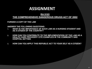 ASSIGNMENT
                        RA 9165
     THE COMPREHENSIVE DANGEROUS DRUGS ACT OF 2002

FURNISH A COPY OF THE LAW

ANSWER THE FOLLOWING QUESTIONS:
1.  WHAT IS THE IMPORTANCE OF SUCH LAW AS A NURSING STUDENT AND
    AS A CITIZEN OF THE COUNTRY?

2.   HOW CAN YOU CONTRIBUTE TO THE IMPLEMENTATION OF THE LAW AS A
     HEALTH CARE PROVIDER? CITE EXAMPLES IN THE COMMUNITY AND
     HOSPITAL SETTING

3.   HOW CAN YOU APPLY THIS REPUBLIC ACT TO YOUR SELF AS A CITIZEN?




                                                                      68
 