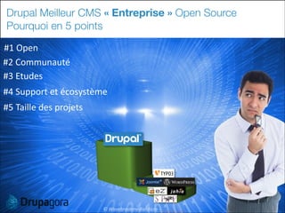 Drupal Meilleur CMS « Entreprise » Open Source
Pourquoi en 5 points
#1	
  Open
#2	
  Communauté
#3	
  Etudes
#4	
  Support	
  et	
  écosystème
#5	
  Taille	
  des	
  projets

©	
  WavebreakmediaMicro	
  -­‐	
  

 