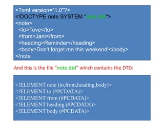 <?xml version="1.0"?>
<!DOCTYPE note SYSTEM "note.dtd">
<note>
<to>Tove</to>
<from>Jani</from>
<heading>Reminder</heading>
<body>Don't forget me this weekend!</body>
</note
<!ELEMENT note (to,from,heading,body)>
<!ELEMENT to (#PCDATA)>
<!ELEMENT from (#PCDATA)>
<!ELEMENT heading (#PCDATA)>
<!ELEMENT body (#PCDATA)>
And this is the file "note.dtd" which contains the DTD:
 