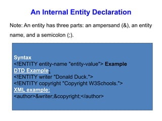 An Internal Entity Declaration
Syntax
<!ENTITY entity-name "entity-value"> Example
DTD Example:
<!ENTITY writer "Donald Duck.">
<!ENTITY copyright "Copyright W3Schools.">
XML example:
<author>&writer;&copyright;</author>
Note: An entity has three parts: an ampersand (&), an entity
name, and a semicolon (;).
 
