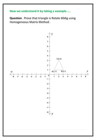 Question . Prove that triangle is Rotate 60dig using
Homogeneous Matrix Method .
Now we understand it by taking a example.....
 