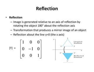 Reflection
• Reflection
– Image is generated relative to an axis of reflection by
rotating the object 180° about the reflection axisect
– Transformation that produces a mirror image of an object
– Reflection about the line y=0 (the x axis)
[T] =











1
0
0
0
1
0
0
0
1
 