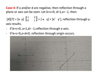 Case 4: If a and/or d are negative, then reflection through a
plane or axis can be seen. Let b=c=0, d=1,a= -1, then
[X][T] = [x y] [ ]= [-x y] = [x’ y’], reflection through y-
axis results.
- If b=c=0, a=1,d= -1,reflection through x-axis.
- If b=c=0,a=d<0, reflection through origin occurs.
-1 0
0 1
 