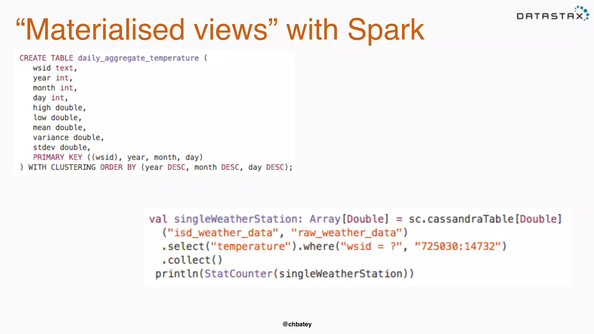 @chbatey
“Materialised views” with Spark
 