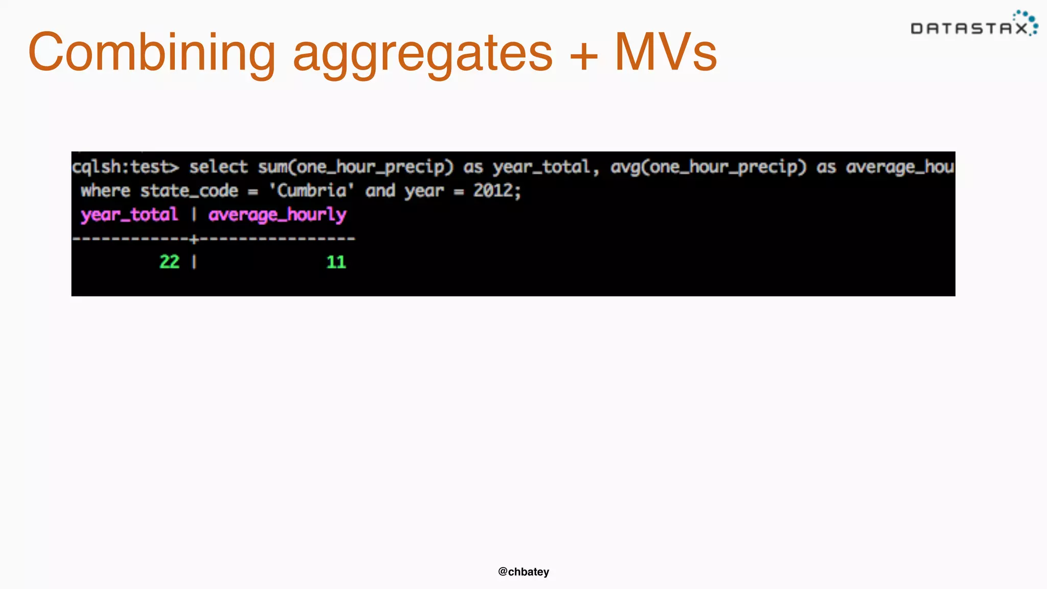 @chbatey
Combining aggregates + MVs
 