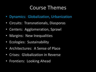 Course Themes Dynamics:  Globalization, Urbanization Circuits:  Transnationals, Diasporas Centers:  Agglomeration, Sprawl Margins:  New Inequalities Ecologies:  Sustainability Architectures:  A Sense of Place Crises:  Globalization in Reverse Frontiers:  Looking Ahead 