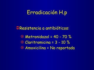 Erradicación H.p Resistencia a antibióticos: Metronidazol = 40 - 70 % Claritromicina = 3 - 10 % Amoxicilina = No reportada 