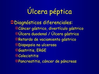 Úlcera péptica Diagnósticos diferenciales: Cáncer gástrico, divertículo gástrico Úlcera duodenal / Úlcera gástrica Retardo de vaciamiento gástrico Dispepsia no ulcerosa Gastritis, ERGE Colecistitis Pancreatitis, cáncer de páncreas 