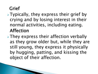 Grief
Typically, they express their grief by
crying and by losing interest in their
normal activities, including eating.
Affection
They express their affection verbally
as they grow older but, while they are
still young, they express it physically
by hugging, patting, and kissing the
object of their affection.
 