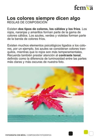Los colores siempre dicen algo
FOTOGRAFÍA CON MÓVIL / COMPOSICIÓN FOTOGRÁFICA
Existen dos tipos de colores, los cálidos y los fríos. Los
rojos, naranjas y amarillos forman parte de la gama de
colores cálidos. Los azules, verdes y violetas forman parte
de la banda de colores fríos.
Existen muchos elementos psicológicos ligados a los colo-
res, por un ejemplo, los azules se consideran colores tran-
quilos, mientras que lo rojos son más temperamentales.
Recuerda también prestar atención al contraste tonal,
definido como la diferencia de luminosidad entre las partes
más claras y más oscuras de nuestra foto.
REGLAS DE COMPOSICIÓN
 