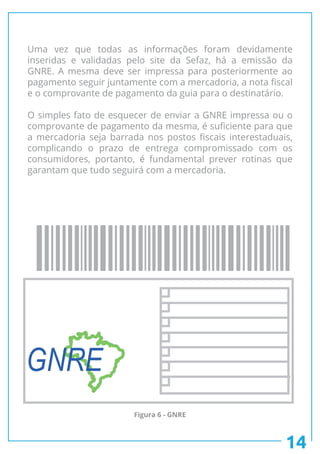 Uma vez que todas as informações foram devidamente
inseridas e validadas pelo site da Sefaz, há a emissão da
GNRE. A mesma deve ser impressa para posteriormente ao
pagamento seguir juntamente com a mercadoria, a nota fiscal
e o comprovante de pagamento da guia para o destinatário.
O simples fato de esquecer de enviar a GNRE impressa ou o
comprovante de pagamento da mesma, é suficiente para que
a mercadoria seja barrada nos postos fiscais interestaduais,
complicando o prazo de entrega compromissado com os
consumidores, portanto, é fundamental prever rotinas que
garantam que tudo seguirá com a mercadoria.
GNRE
14
Figura 6 - GNRE
 