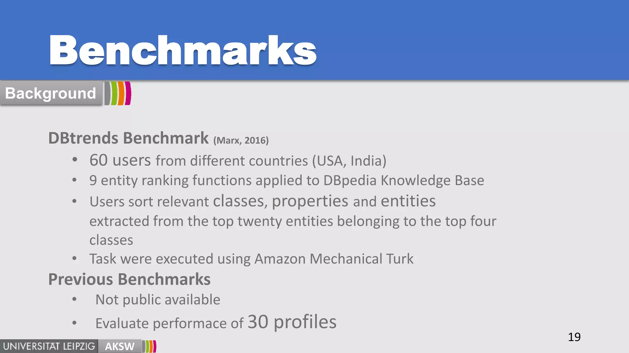 Benchmarks
19
DBtrends Benchmark (Marx, 2016)
• 60 users from different countries (USA, India)
• 9 entity ranking functions applied to DBpedia Knowledge Base
• Users sort relevant classes, properties and entities
extracted from the top twenty entities belonging to the top four
classes
• Task were executed using Amazon Mechanical Turk
Previous Benchmarks
• Not public available
• Evaluate performace of 30 profiles
AKSW
Background
 