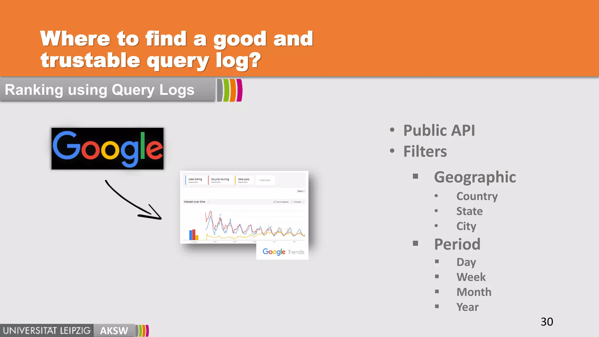 Where to find a good and
trustable query log?
• Public API
• Filters
 Geographic
• Country
• State
• City
 Period
 Day
 Week
 Month
 Year
AKSW
30
Ranking using Query Logs
 