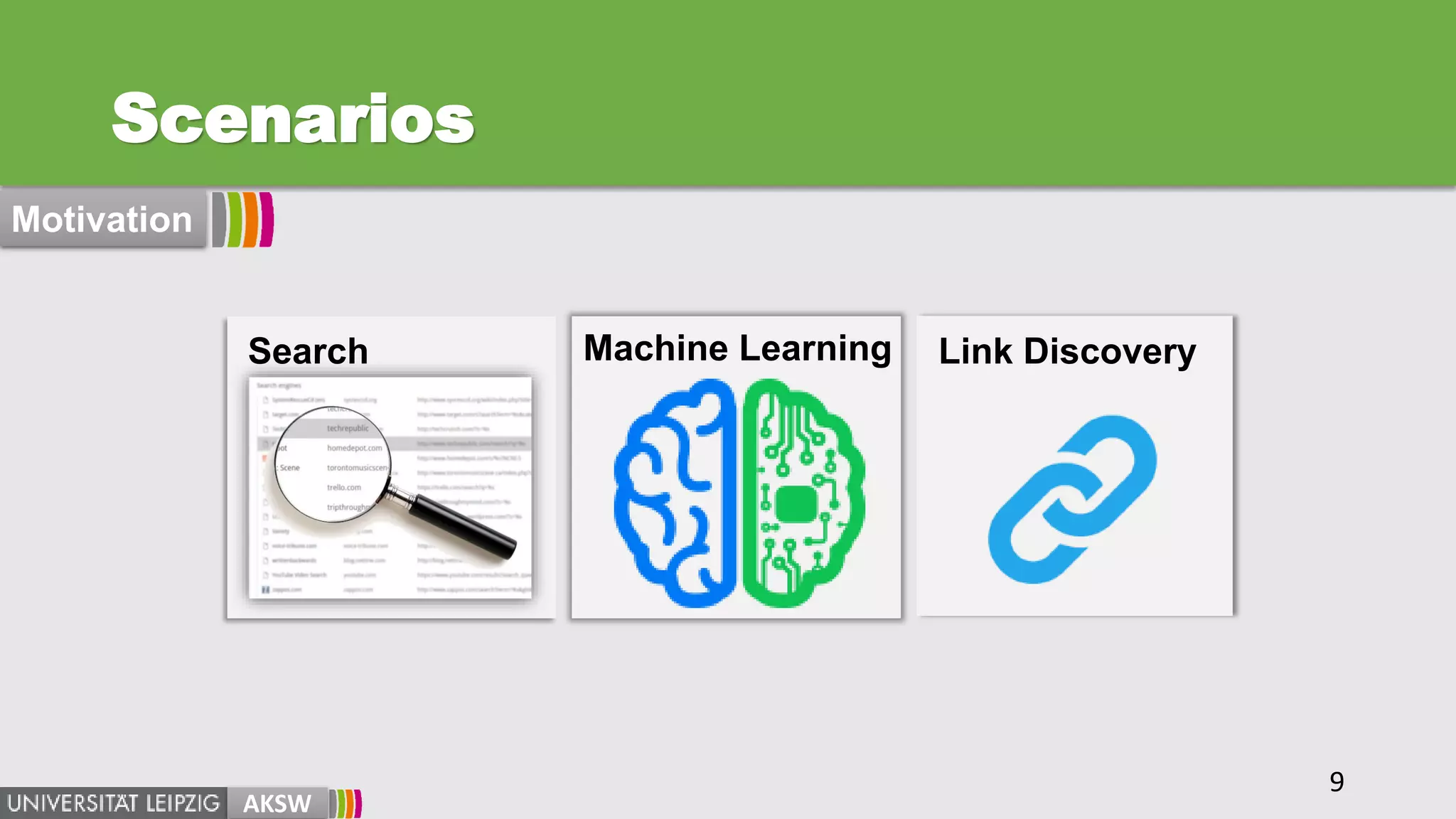 Scenarios
Search Machine Learning Link Discovery
9
AKSW
Motivation
 