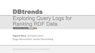 DBtrends
Exploring Query Logs for
Ranking RDF Data
AKSW
Edgard Marx, Amrapali Javeri,
Diego Moussallem, Sandro Rautenberg
12th International Conference on Semantic Systems
 