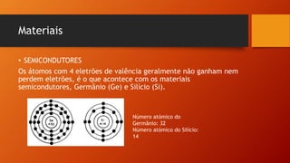 Materiais 
• SEMICONDUTORES 
Os átomos com 4 eletrões de valência geralmente não ganham nem 
perdem eletrões, é o que acontece com os materiais 
semicondutores, Germânio (Ge) e Silício (Si). 
Número atómico do 
Germânio: 32 
Número atómico do Silício: 
14 
 