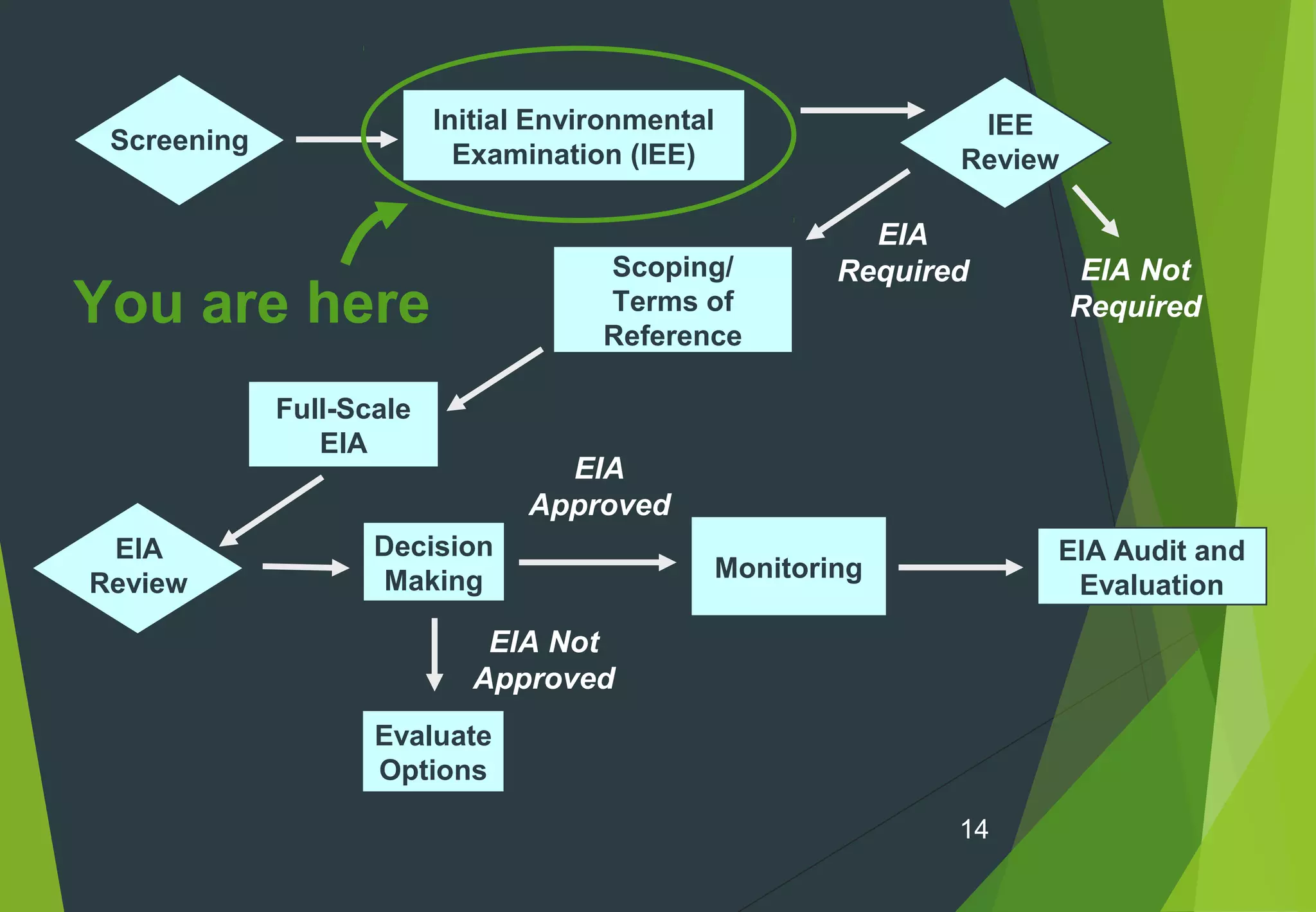 14
Screening
Initial Environmental
Examination (IEE)
EIA Not
Required
EIA
Required
Monitoring
EIA Audit and
Evaluation
IEE
Review
Scoping/
Terms of
Reference
Full-Scale
EIA
Evaluate
Options
EIA Not
Approved
EIA
Review
Decision
Making
EIA
Approved
You are here
 