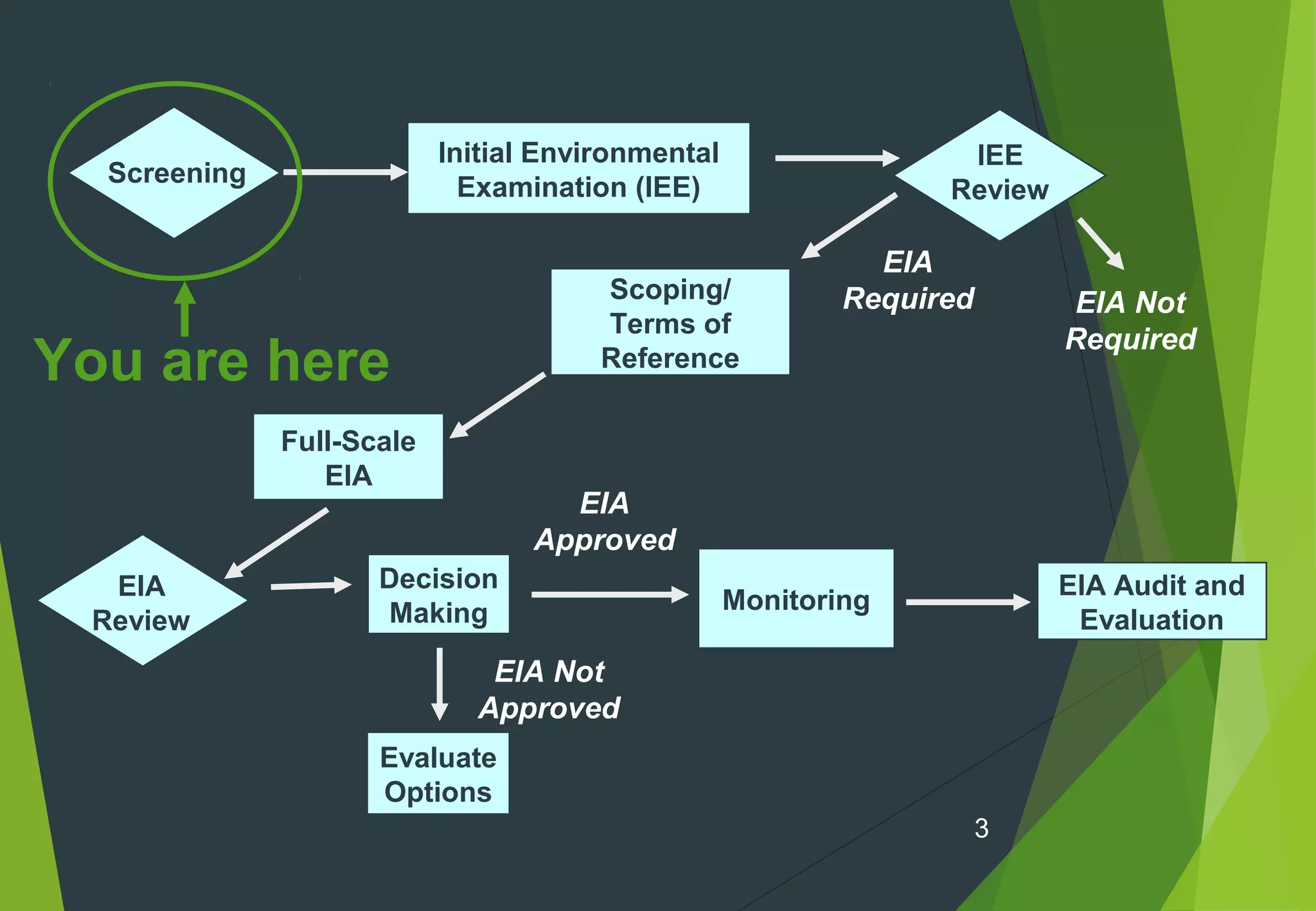 3
Screening
Initial Environmental
Examination (IEE)
EIA Not
Required
EIA
Required
Monitoring
EIA Audit and
Evaluation
IEE
Review
Scoping/
Terms of
Reference
Full-Scale
EIA
Evaluate
Options
EIA Not
Approved
EIA
Review
Decision
Making
EIA
Approved
You are here
 