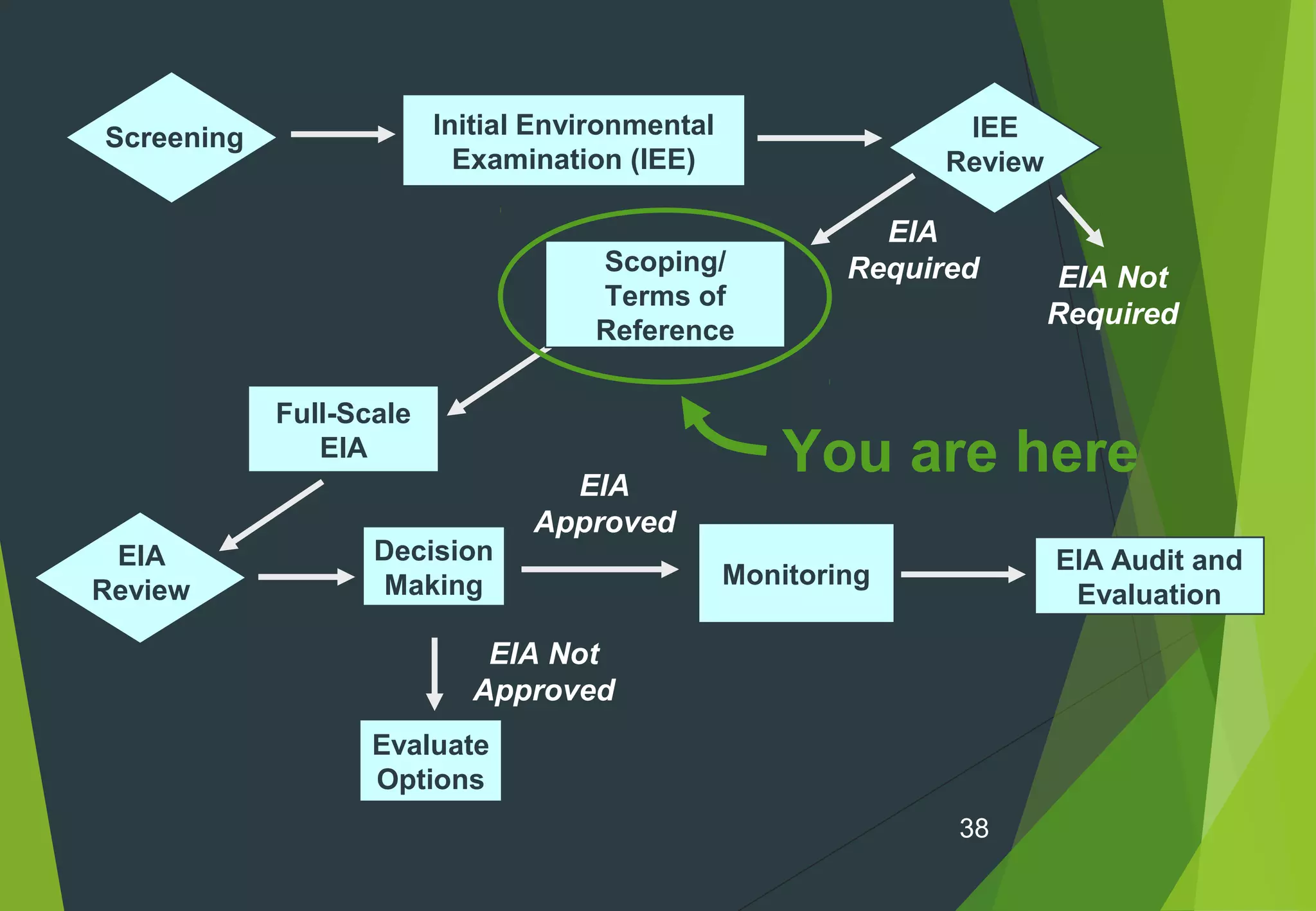 38
Screening Initial Environmental
Examination (IEE)
EIA Not
Required
EIA
Required
Monitoring
EIA Audit and
Evaluation
IEE
Review
Scoping/
Terms of
Reference
Full-Scale
EIA
Evaluate
Options
EIA Not
Approved
EIA
Review
Decision
Making
EIA
Approved
You are here
 