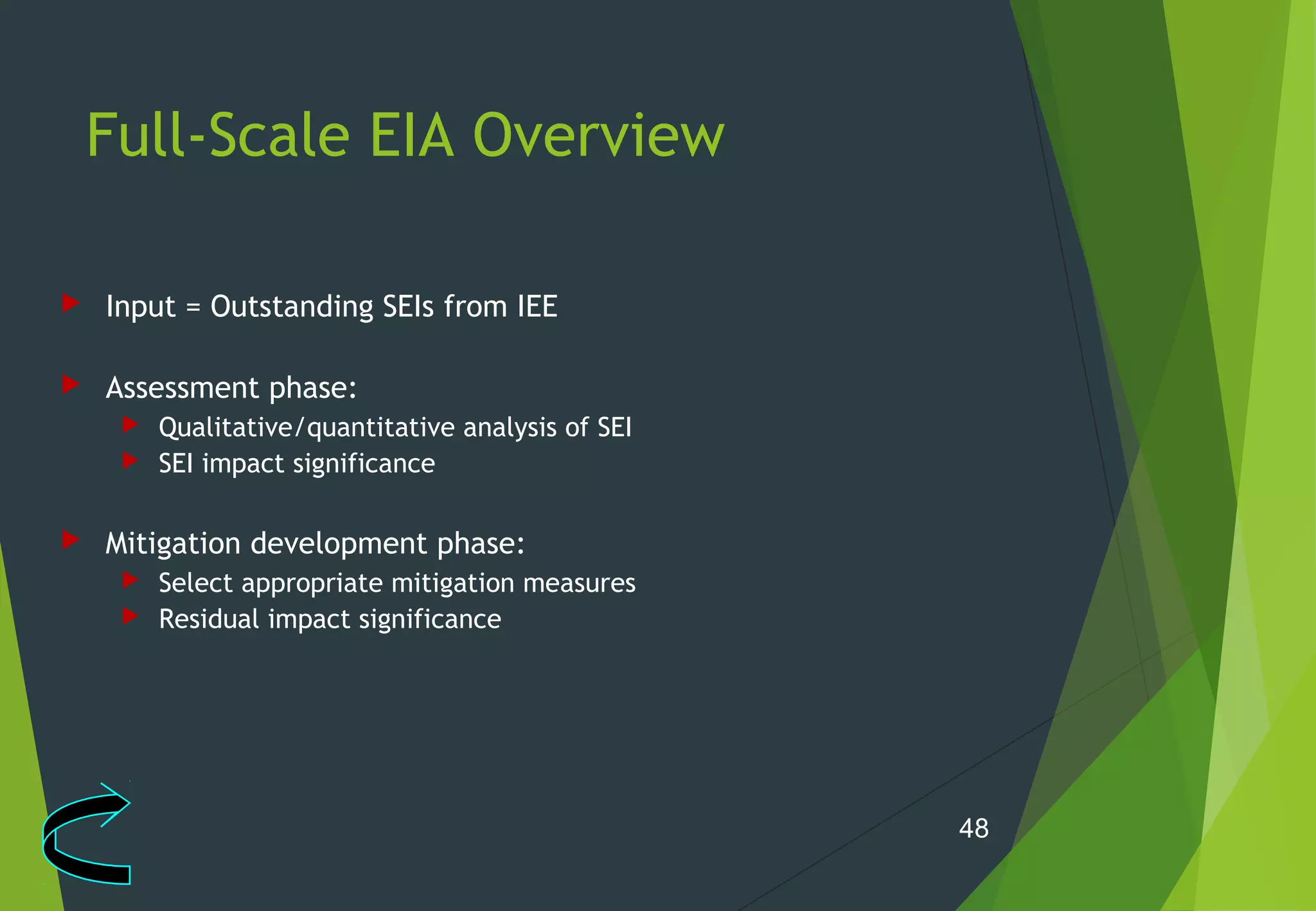 Full-Scale EIA Overview
 Input = Outstanding SEIs from IEE
 Assessment phase:
 Qualitative/quantitative analysis of SEI
 SEI impact significance
 Mitigation development phase:
 Select appropriate mitigation measures
 Residual impact significance
48
 