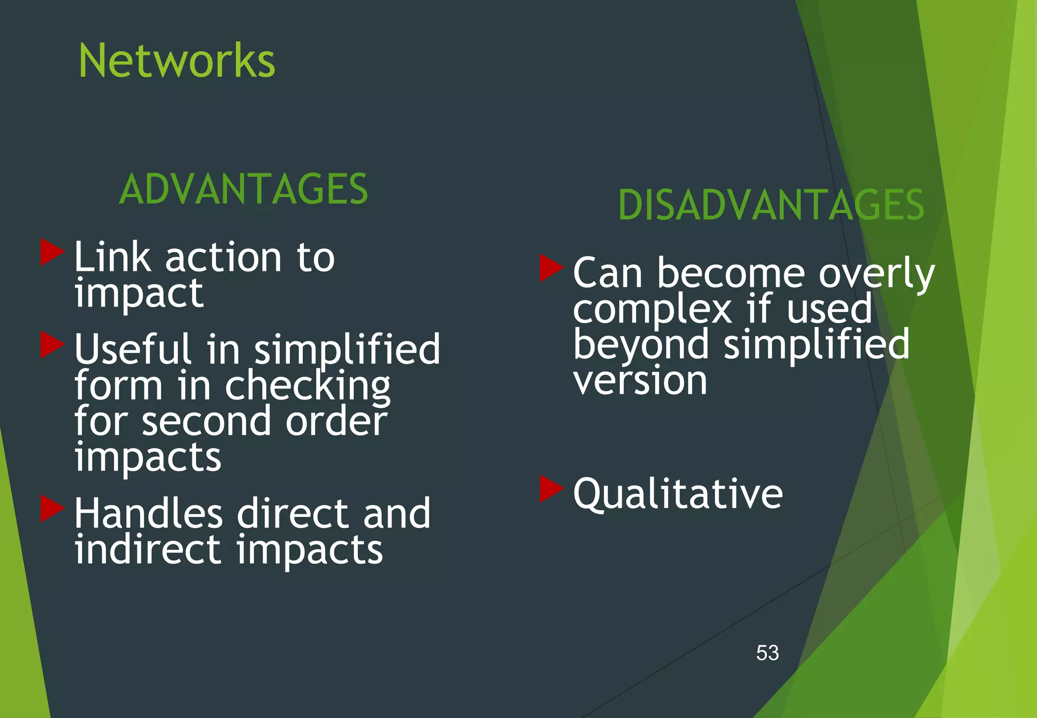 Networks
ADVANTAGES
Link action to
impact
Useful in simplified
form in checking
for second order
impacts
Handles direct and
indirect impacts
DISADVANTAGES
Can become overly
complex if used
beyond simplified
version
Qualitative
53
 