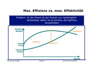 Max. Effizienz vs. max. Effektivität

               Problem: In der Praxis ist der Nutzen nur nachträglich
                        feststellbar, daher ist es sinnlos, die Optimas
                                         anzustreben.

             Kosten/
             Nutzen                                                            Ineffizienz




                              Effizienz
                  Nutzen/                           Optimum
                   Ertrag

              Aufwand/
               Kosten



                                                                                 Menge
                                                                                             31
Ökonomische Grundlagen               Tobias Illig             SRH Hochschule Heidelberg
 