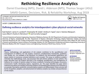 Rethinking Resilience Analytics
Daniel Eisenberg (NPS), David L. Alderson (NPS), Thomas Seager (ASU)
SAMSI Games, Decisions, Risk, & Reliability Workshop, Aug 2019
 