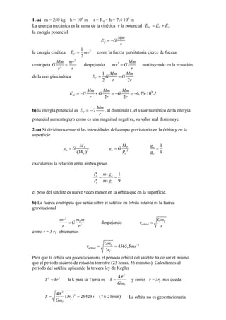 1.-a) m = 250 kg h = 106
m r = RT + h = 7,4·106
m
La energía mecánica es la suma de la cinética y la potencial M C PE E E= +
la energía potencial
P
Mm
E G
r
= −
la energía cinética 21
2
CE m= v como la fuerza gravitatoria ejerce de fuerza
centrípeta
2
2
Mm mv
G
r r
= despejando 2 Mm
mv G
r
= sustituyendo en la ecuación
de la energía cinética
1
2 2
C
Mm M
E G G
r r
= =
m
9
6,76 10
2 2
M
Mm Mm Mm
E G G G
r r r
= − + = − = − ⋅ J
b) la energía potencial es P
Mm
E G
r
= − , al disminuir r, el valor numérico de la energía
potencial aumenta pero como es una magnitud negativa, su valor real disminuye.
2.-a) Si dividimos entre sí las intensidades del campo gravitatorio en la órbita y en la
superficie
2
(3 )
T
o
T
M
g G
R
= 2
T
s
T
M
g G
R
=
1
9
o
s
g
g
=
calculamos la relación entre ambos pesos
1
9
o o
s s
P m g
P m g
⋅
= =
⋅
el peso del satélite es nueve veces menor en la órbita que en la superficie.
b) La fuerza centrípeta que actúa sobre el satélite en órbita estable es la fuerza
gravitacional
2
2
Tm mmv
G
r r
= despejando T
orbital
Gm
v
r
=
como r = 3 rT obtenemos
1
4565,5
3
T
orbital
T
Gm
v m
r
s−
= =
Para que la órbita sea geoestacionaria el periodo orbital del satélite ha de ser el mismo
que el periodo sidéreo de rotación terrestre (23 horas, 56 minutos). Calculamos el
periodo del satélite aplicando la tercera ley de Kepler
=2
T kr3
la k para la Tierra es
2
4
T
k
Gm
π
= y como = 3r rT nos queda
4π 2
(3 )3
26423= (7s 21mh in)T
T
T r
Gm
= La órbita no es geoestacionaria.
 