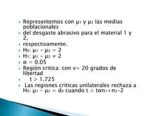    Representemos con µ₁ y µ₂ las medias
    poblacionales
   del desgaste abrasivo para el material 1 y
    2,
   respectivamente.
   H₀: µ₁ - µ₂ = 2
   H₁: µ₁ - µ₂ ≠ 2
   α = 0.05
   Región critica: con v= 20 grados de
    libertad
      t > 1.725
    Las regiones criticas unilaterales rechaza a
    H₀: µ₁ - µ₂ = d₀ cuando t > tαn₁+n₂-2
 
