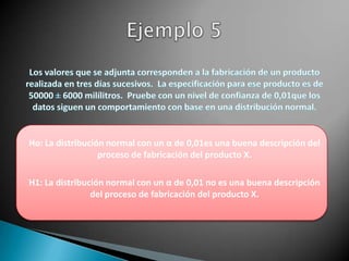 Ho: La distribución normal con un α de 0,01es una buena descripción del
                  proceso de fabricación del producto X.

H1: La distribución normal con un α de 0,01 no es una buena descripción
                del proceso de fabricación del producto X.
 