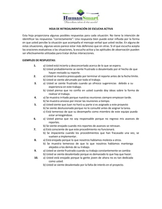 HOJA DE RETROALIMENTACIÓN DE ESCUCHA ACTIVA
Esta hoja proporciona algunas posibles respuestas para cada situación: No tiene la intención de
identificar las respuestas “correctamente”: Una respuesta bien puede estar influida por la forma
en que usted percibe la situación que acompaña el mensaje verbal que usted recibe. En alguna de
estas situaciones, algunas veces parece estar más defensivo que en otras. Si el que escucha acepta
las oraciones evaluativas o las situaciones, la escucha activa y las aptitudes de observación pueden
ser efectivamente utilizadas para tratar dichas interacciones.
EJEMPLOS DE RESPUESTAS:
1. a) Usted está incierto y desconcertado acerca de lo que se espera.
b) Usted probablemente se siente frustrado o desalentado por el hecho de que
hayan revisado su reporte.
2. a) Usted se muestra preocupado por terminar el reporte antes de la fecha límite.
b) Usted se siente abrumado por todo el trabajo.
3. a) Usted se siente frustrado cuando yo ofrezco sugerencias debido a su
experiencia en este trabajo.
b) Usted piensa que no confío en usted cuando doy ideas sobre la forma de
realizar el trabajo.
4. a) Se muestra irritado porque nuestras reuniones siempre empiezan tarde.
b) Se muestra ansioso por iniciar las reuniones a tiempo.
5. a) Usted siente que Juan no hará su parte si es asignado a este proyecto
b) Se siente desilusionado porque no lo consulté antes de asignar la tarea.
c) Está temeroso de que su desempeño como miembro de este equipo pueda
estar arriesgándose.
6. a) Usted piensa que no soy responsable porque no regreso mis avances de
reportes.
b) Se siente enojado cuando mis reportes de avances se retrasan.
7. a) Está consciente de que este procedimiento no funcionará.
b) Se impacienta cuando los procedimientos que han fracasado una vez, se
vuelven a implementar.
8. a) Está enojado porque lo que nosotros hablamos molesta a otros.
b) Se muestra temeroso de que lo que nosotros hablamos mantenga
alejados a los demás de su trabajo.
9. a) Usted se siente frustrado cuando su trabajo constantemente se cambia
b) Usted se siente desalentado porque es demasiado lo que hay que hacer.
10. a) Usted está enojado porque la gente joven de ahora no es tan dedicada
como usted.
b) Usted se siente desalentado por la falta de interés en el proyecto.
 