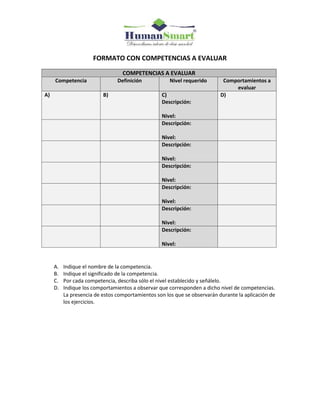 FORMATO CON COMPETENCIAS A EVALUAR
COMPETENCIAS A EVALUAR
Competencia Definición Nivel requerido Comportamientos a
evaluar
A) B) C)
Descripción:
Nivel:
D)
Descripción:
Nivel:
Descripción:
Nivel:
Descripción:
Nivel:
Descripción:
Nivel:
Descripción:
Nivel:
Descripción:
Nivel:
A. Indique el nombre de la competencia.
B. Indique el significado de la competencia.
C. Por cada competencia, describa sólo el nivel establecido y señálelo.
D. Indique los comportamientos a observar que corresponden a dicho nivel de competencias.
La presencia de estos comportamientos son los que se observarán durante la aplicación de
los ejercicios.
 