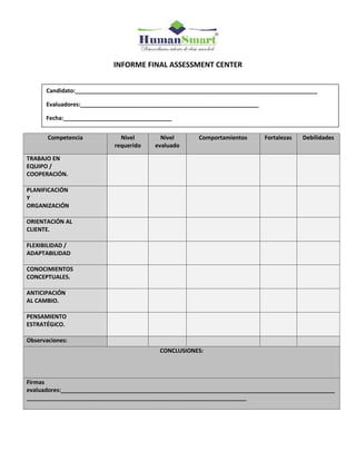 INFORME FINAL ASSESSMENT CENTER
Competencia Nivel
requerido
Nivel
evaluado
Comportamientos Fortalezas Debilidades
TRABAJO EN
EQUIPO /
COOPERACIÓN.
PLANIFICACIÓN
Y
ORGANIZACIÓN
ORIENTACIÓN AL
CLIENTE.
FLEXIBILIDAD /
ADAPTABILIDAD
CONOCIMIENTOS
CONCEPTUALES.
ANTICIPACIÓN
AL CAMBIO.
PENSAMIENTO
ESTRATÉGICO.
Observaciones:
CONCLUSIONES:
Firmas
evaluadores:______________________________________________________________________________________
_____________________________________________________________________
Candidato:____________________________________________________________________________
Evaluadores:________________________________________________________
Fecha:__________________________________
 