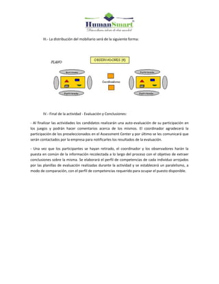 III.- La distribución del mobiliario será de la siguiente forma:
IV.- Final de la actividad - Evaluación y Conclusiones:
- Al finalizar las actividades los candidatos realizarán una auto-evaluación de su participación en
los juegos y podrán hacer comentarios acerca de los mismos. El coordinador agradecerá la
participación de los preseleccionados en el Assessment Center y por último se les comunicará que
serán contactados por la empresa para notificarles los resultados de la evaluación.
- Una vez que los participantes se hayan retirado, el coordinador y los observadores harán la
puesta en común de la información recolectada a lo largo del proceso con el objetivo de extraer
conclusiones sobre la misma. Se elaborará el perfil de competencias de cada individuo arrojados
por las planillas de evaluación realizadas durante la actividad y se establecerá un paralelismo, a
modo de comparación, con el perfil de competencias requerido para ocupar el puesto disponible.
 