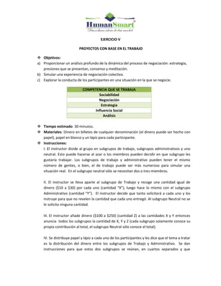 EJERCICIO V
PROYECTOS CON BASE EN EL TRABAJO
 Objetivos:
a) Proporcionar un análisis profundo de la dinámica del proceso de negociación: estrategia,
presiones que se presentan, consenso y meditación.
b) Simular una experiencia de negociación colectiva.
c) Explorar la conducta de los participantes en una situación en la que se negocie.
COMPETENCIA QUE SE TRABAJA
Sociabilidad
Negociación
Estrategia
Influencia Social
Análisis
 Tiempo estimado: 30 minutos.
 Materiales: Dinero en billetes de cualquier denominación (el dinero puede ser hecho con
papel), papel en blanco y un lápiz para cada participante.
 Instrucciones:
I. El instructor divide al grupo en subgrupos de trabajo, subgrupos administrativos y uno
neutral. Esto puede hacerse al azar o los miembros pueden decidir en que subgrupo les
gustaría trabajar. Los subgrupos de trabajo y administrativo pueden tener el mismo
número de gentes, o bien, el de trabajo puede ser más numeroso para simular una
situación real. En el subgrupo neutral sólo se necesitan dos o tres miembros.
II. El instructor se lleva aparte al subgrupo de Trabajo y recoge una cantidad igual de
dinero ($10 a $30) por cada uno (cantidad “X”), luego hace lo mismo con el subgrupo
Administrativo (cantidad “Y”). El instructor decide que tanto solicitará a cada uno y los
instruye para que no revelen la cantidad que cada uno entregó. Al subgrupo Neutral no se
le solicita ninguna cantidad.
III. El instructor añade dinero ($100 a $250) (cantidad Z) a las cantidades X y Y entonces
anuncia todos los subgrupos la cantidad de X, Y y Z (cada subgrupo solamente conoce su
propia contribución al total, el subgrupo Neutral sólo conoce el total).
IV. Se distribuye papel y lápiz a cada uno de los participantes y les dice que el tema a tratar
es la distribución del dinero entre los subgrupos de Trabajo y Administrativo. Se dan
instrucciones para que estos dos subgrupos se reúnan, en cuartos separados y que
 