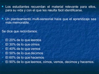 Los estudiantes recuerdan el material relevante para ellos, para su vida y con el que les resulta fácil identificarse.  Un planteamiento multi-sensorial hace que el aprendizaje sea más memorable.  Se dice que recordamos: El 20% de lo que leemos El 30% de lo que oímos El 40% de lo que vemos El 50% de lo que decimos El 60% de lo que hacemos El 90% de lo que leemos, oímos, vemos, decimos y hacemos. 