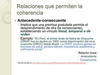 Relaciones que permiten la
    coherencia
   Antecedente-consecuente
    ◦ Implica que una premisa postulada permite el
      desprendimiento de otra (la consecuente),
      estableciendo un vínculo lineal, temporal o de
      orden
    ◦ Ejemplo: “En Perú, el primer brote de fiebre de Oropuche
       (OROF) fue en Iquitos en 1992, como diseminación del virus
       oropuche (OROV) desde Brasil. La OROF produce gastos en
       recursos de salud, pérdida laboral, inasistencia académica y
       sufrimiento social.”
                                                     ◦ Relación lineal
                                                       ◦ Antecedente
                                                      ◦ Consecuente
    Párrafo tomado de http://sisbib.unmsm.edu.pe/BVRevistas/gastro/vol30n4/pdf/a08v30n4.pdf
 