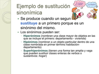 Ejemplo de sustitución
sinonímica
   Se produce cuando un segundo elemento
    sustituye a un primero porque es un
    sinónimo del mismo.
   Los sinónimos pueden ser:
    ◦ Hiperónimos (nombran una clase mayor de objetos en las
      que se incluye el primero: departamento - vivienda)
    ◦ Hipónimos (nombran a un objeto particular dentro de una
      clase nombrada en primer término habitación-
      departamento)
    ◦ Superhiperónimos (tienen una forma tan amplia y vaga
      que pueden sustituir clases enteras de verbos o
      sustantivos: hogar)
 